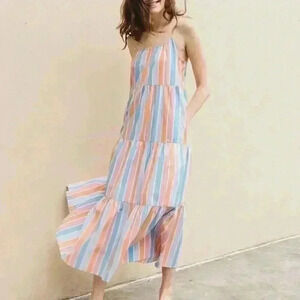 Soludos Women Violet Midi Dress XS Maldive Stripe Sleeveless Boho Smocked Travel